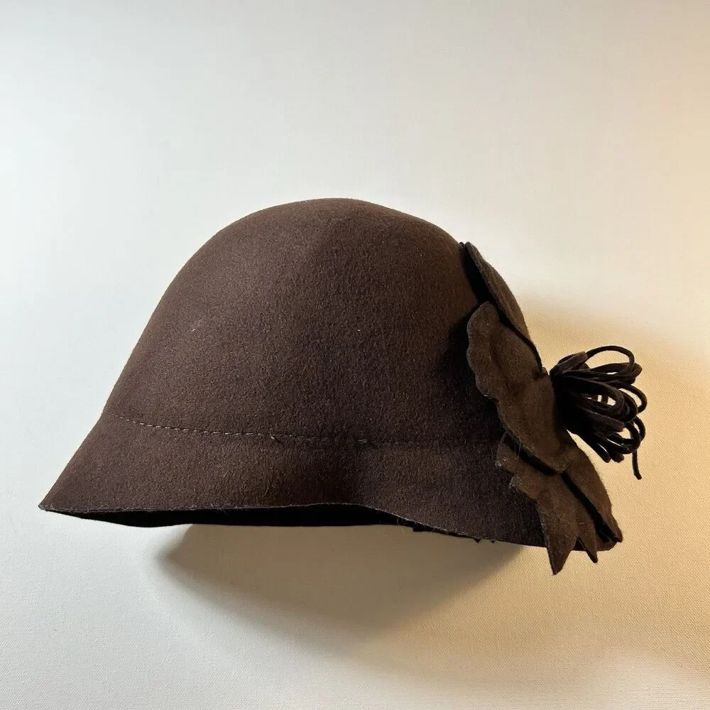 Wool Felt Cloche Hat Womens Brown Flower Flapper Style 20s 30s One Size